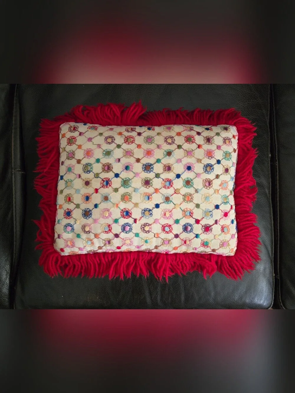 Vintage Embroidered Multicolor Decorative Throw Pillow with Red Fringe